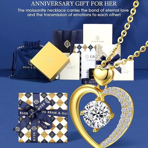 Beam & Bask Moissanite Heart Pendant Necklace 2ct 18K Gold NWT - Picture 1 of 8